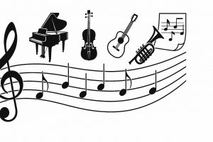 Kompositionen von Karl Frers – stilisierte Instrumente und Notenlinien als Symbol für zeitgenössische Kunstmusik