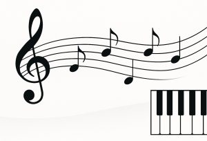 Kontakt, Impressum und rechtliche Informationen – Headergrafik mit Notenschlüssel und Klaviertasten auf der Website von Karl Frers Music
