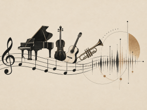 „Kompositionen von Karl Frers – Klavier, Violine, Gitarre und Trompete mit Notenlinien, die in eine abstrakte Klangwelle übergehen.“